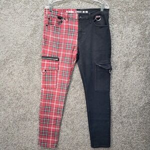HT Denim Stinger Split Leg Black Red Plaid Skinny Cargo Pants Mens 36x30 D-Ring